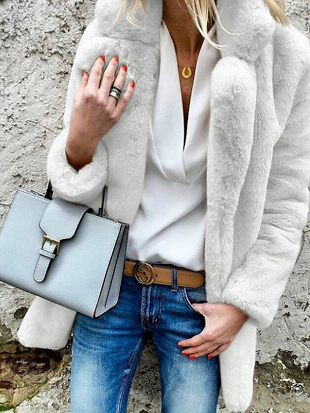 Fur Women's Casual Collar Warm Plain Comfortable Going Coat