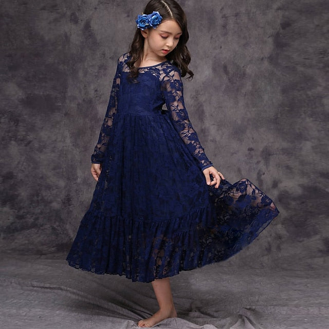 Long Girls' Colored Dress Girl Flower Solid Kids