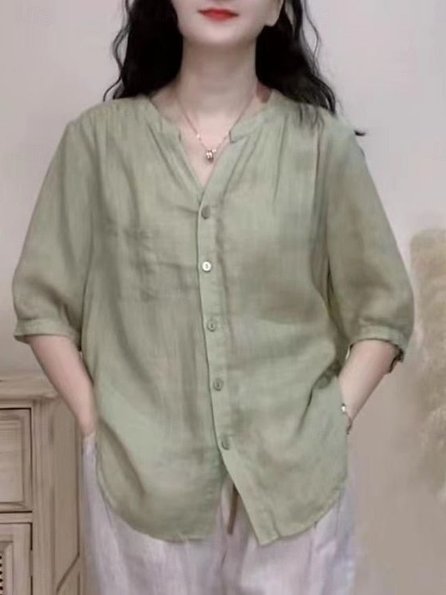 Women's Cotton Linen Shirts Solid Color Daily Basic Casual