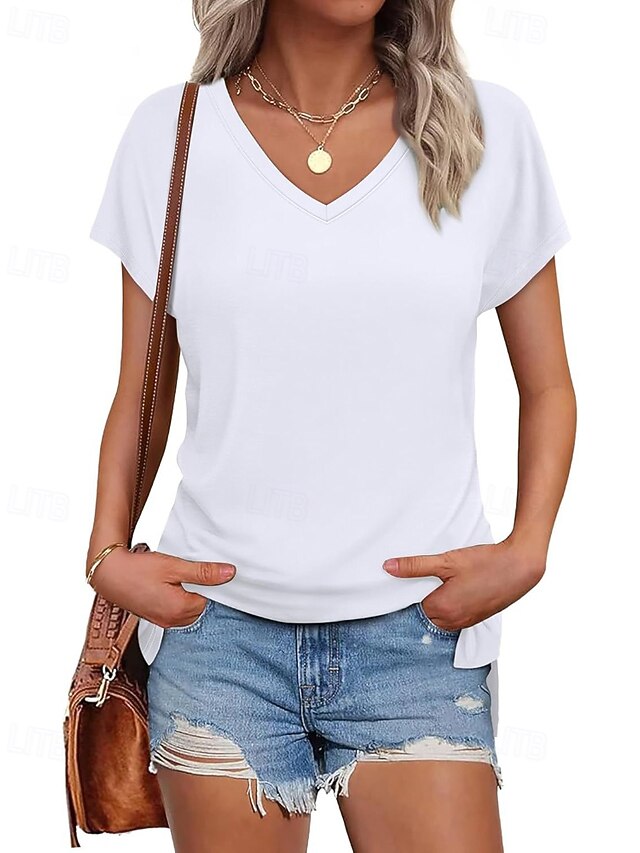 Women's T Shirt Solid Color Casual Short Sleeve V Neck