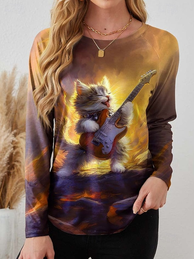 Women's T Shirt Print Heart Plaid Casual Long Sleeve Crew