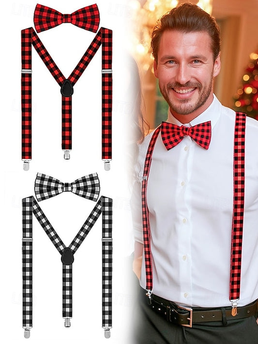 Set Tie Adjustable Bow Christmas Suspender Plaid Men's and
