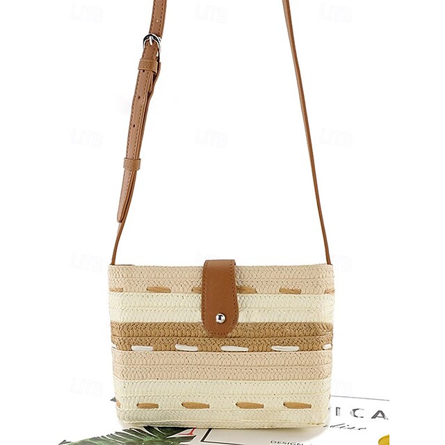 Tote Women's Colorblock Striped Woven Brown Bag Straw with
