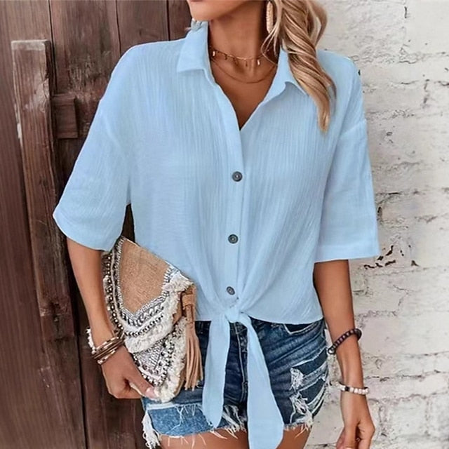 Women's Casual Shirt Button Up Shirt Blouse Ruched Tie