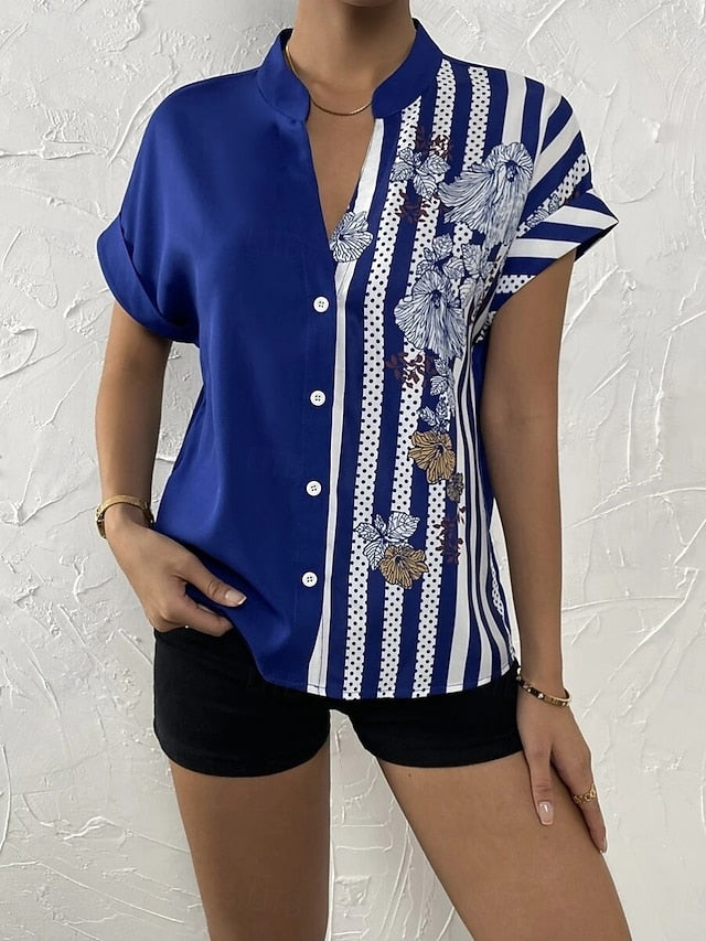 Women's Blouse Buttons Print Floral Striped Vintage Casual