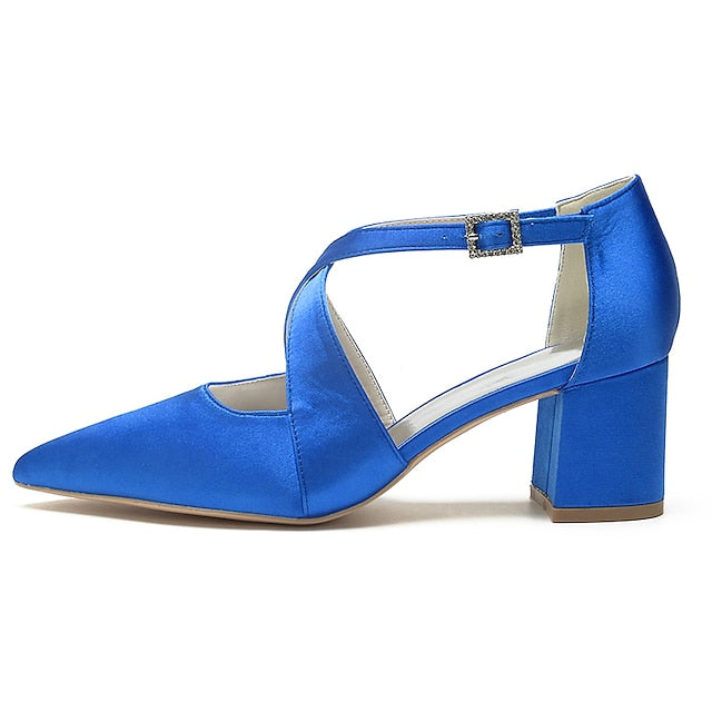 – Elegant White Block Pointed Heels Women's Satin Toe