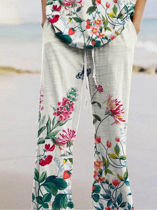 Women's Pants Sets 3/4 Length Sleeve Crew Neck Floral Print