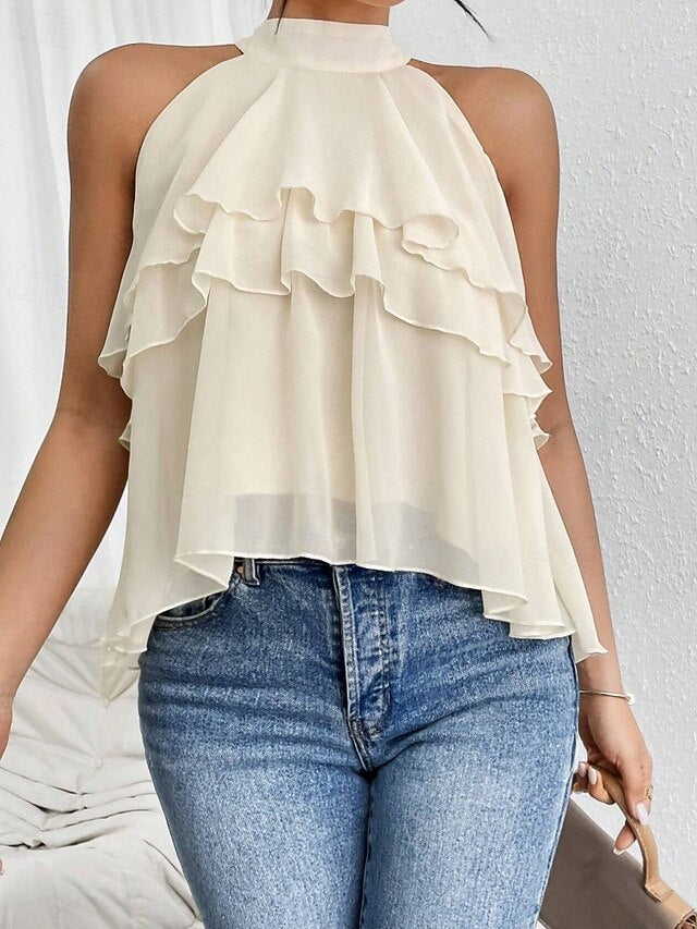 Women's Tank Top Tee Top Ruffle Solid Color Elegant Fashion