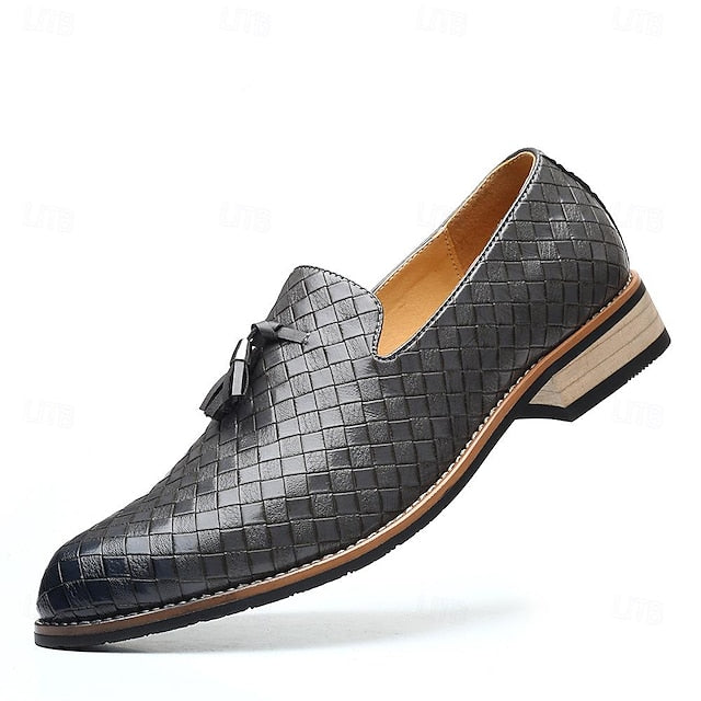 Leather Tassel Black Loafers Faux Men's Detail with Woven