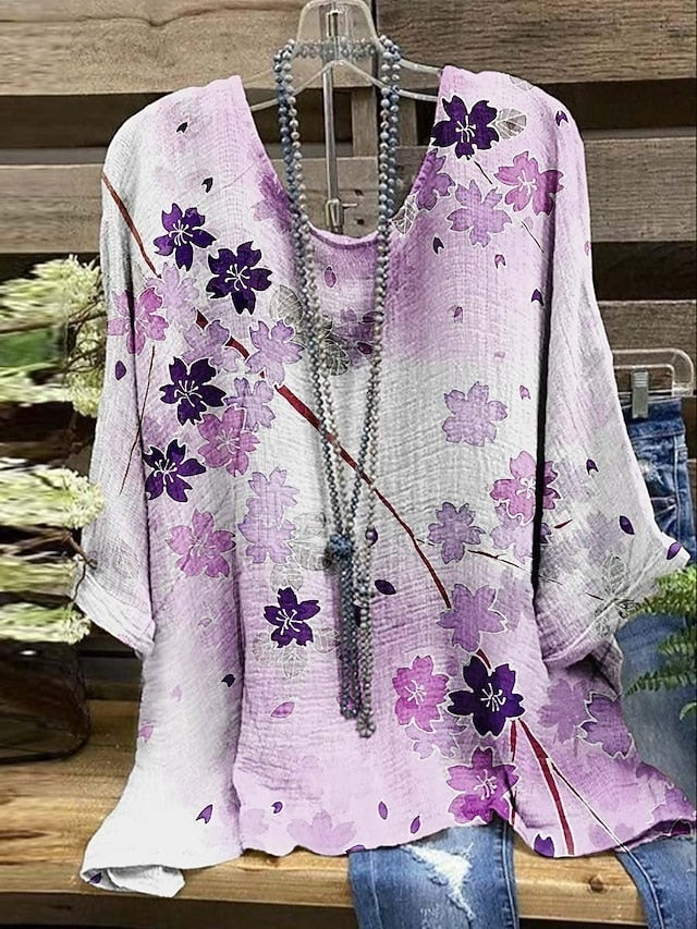 Women's Shirt Print Floral Stylish 3/4 Length Sleeve Crew