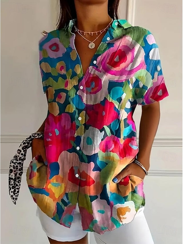 Women's Shirt Long Sleeve Button Down Blouse Floral Graphic
