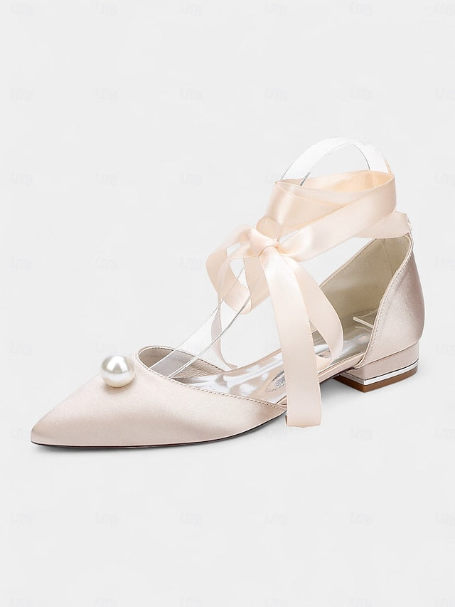 Embellished Flats Pointed Navy Toe Pearl - Women's Satin