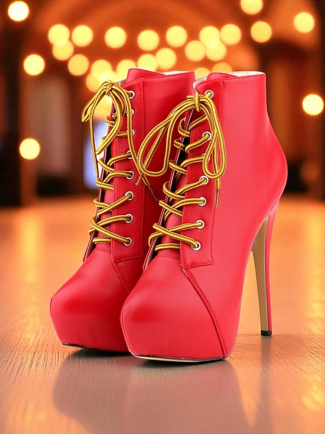 Beige Faux Lace-Up Leather Platform Women's Ankle Boots -