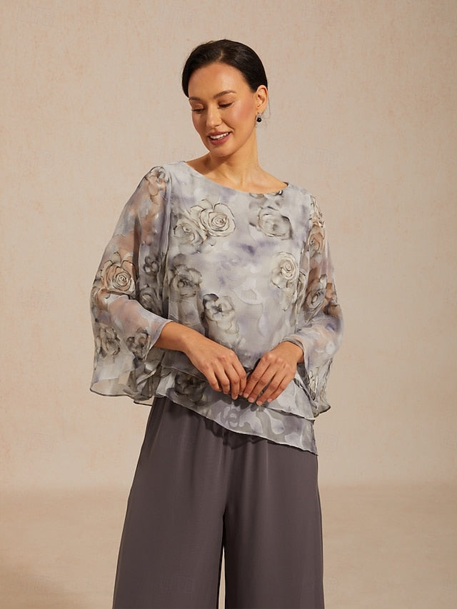 Women's Sheer Blouse Chiffon Tops Lace up Floral Elegant