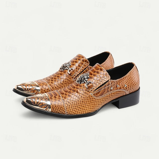 Brown with Leather Snake Pattern Slip-On Men's Metal Shoes