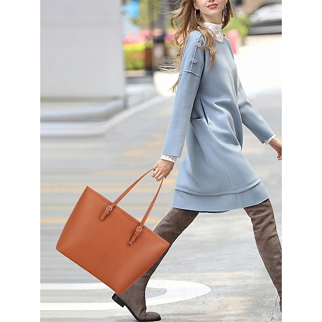 - Women's Faux Tote Brown Bag Leather Classic Large