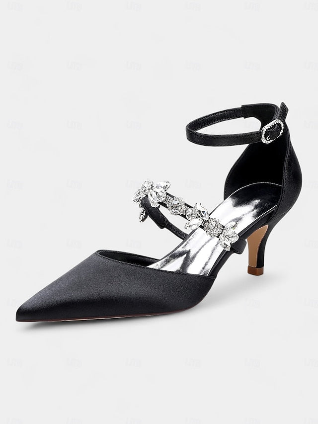 - Satin Rhinestone Black Heels Embellishments with Women's