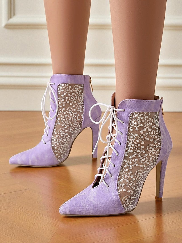 Women's White Stiletto Lace Heels Ankle Booties Mesh with