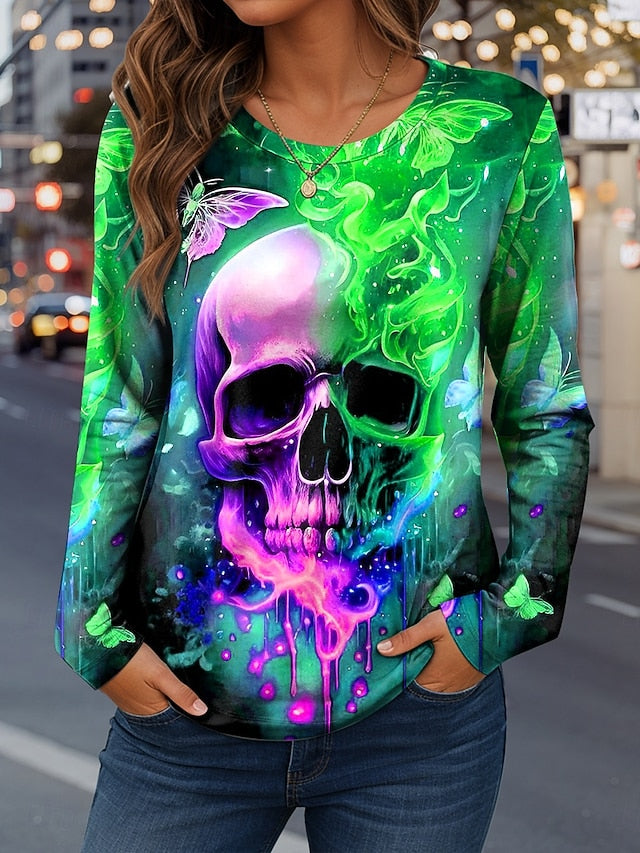 Women's T Shirt Skulls Graphic Fashion Casual Long Sleeve