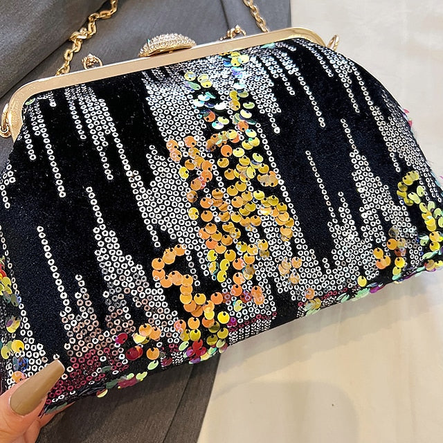 Women's Ivory Sequin Top Handle Clutch with Chain Strap,