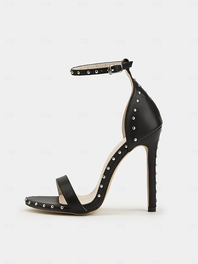 Embellishments Silver - Stiletto Black Stud Sandals with