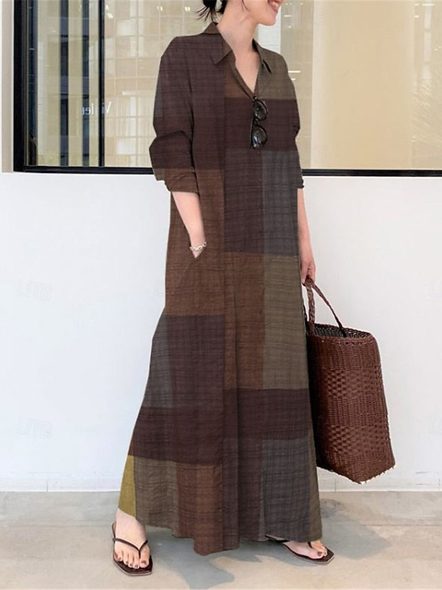 Women's Plaid Shirt Collar Maxi Dress Long Sleeve Spring