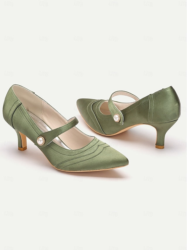 Elegant with Pearl - Button Mary Heels Jane Green Satin