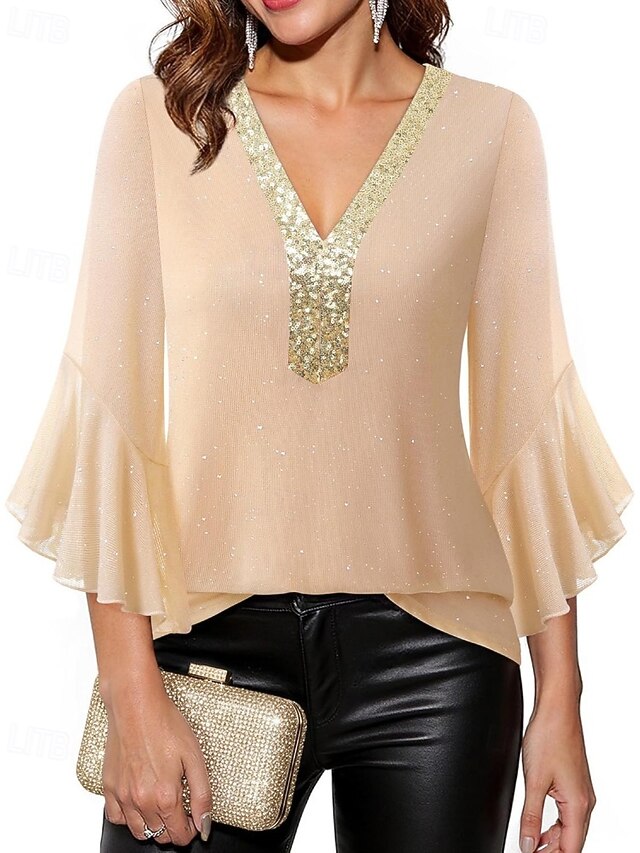 Women's Blouse Sequin Tops Patchwork Color Block Stylish