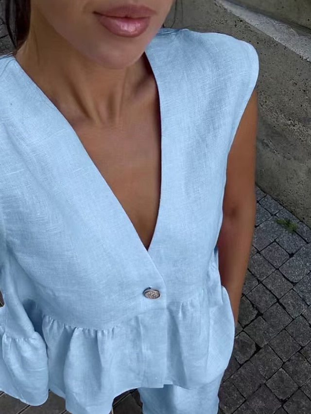 Women's Cotton Linen Sets Blouse Vest Sleeveless V Neck
