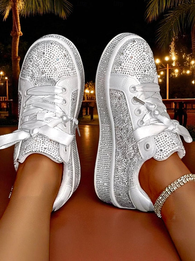 Rhinestone Lace-Up - Sparkly Glamorous Sneakers Women's