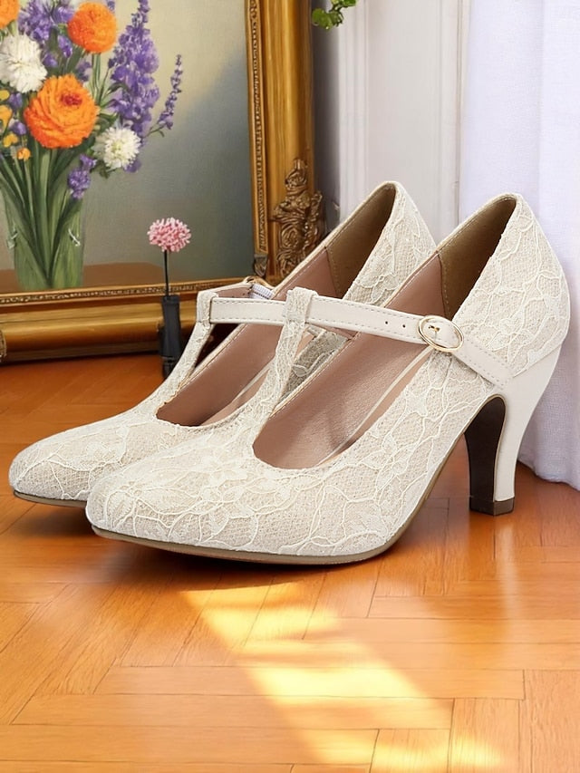 Pumps-1920s Ivory T-Strap Heel Vintage Mid Lace Women's