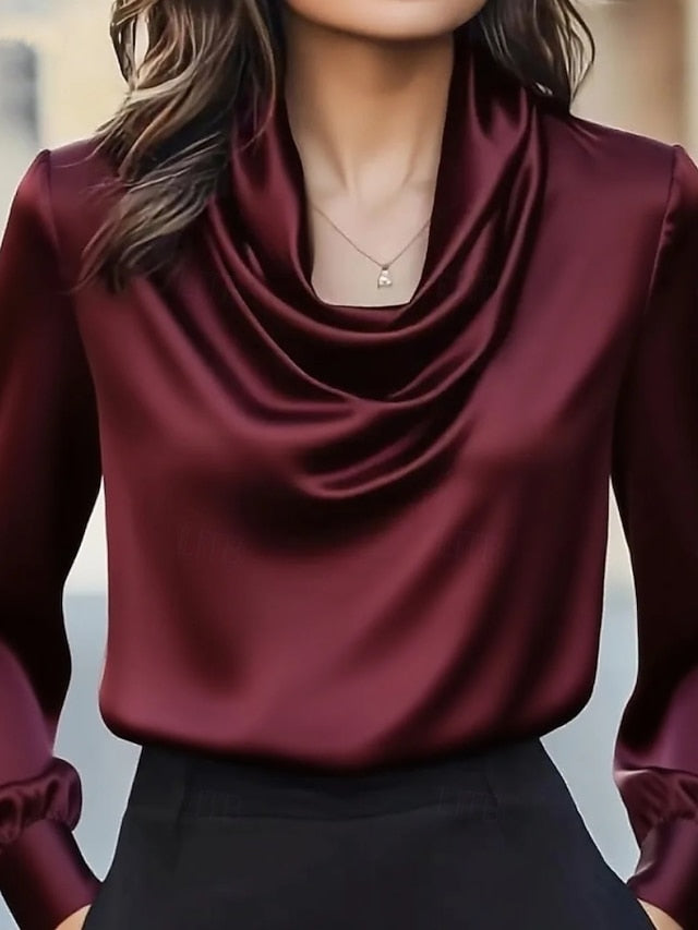 Women's Elegant Satin Top Blouse Silky Tops Draped Plain