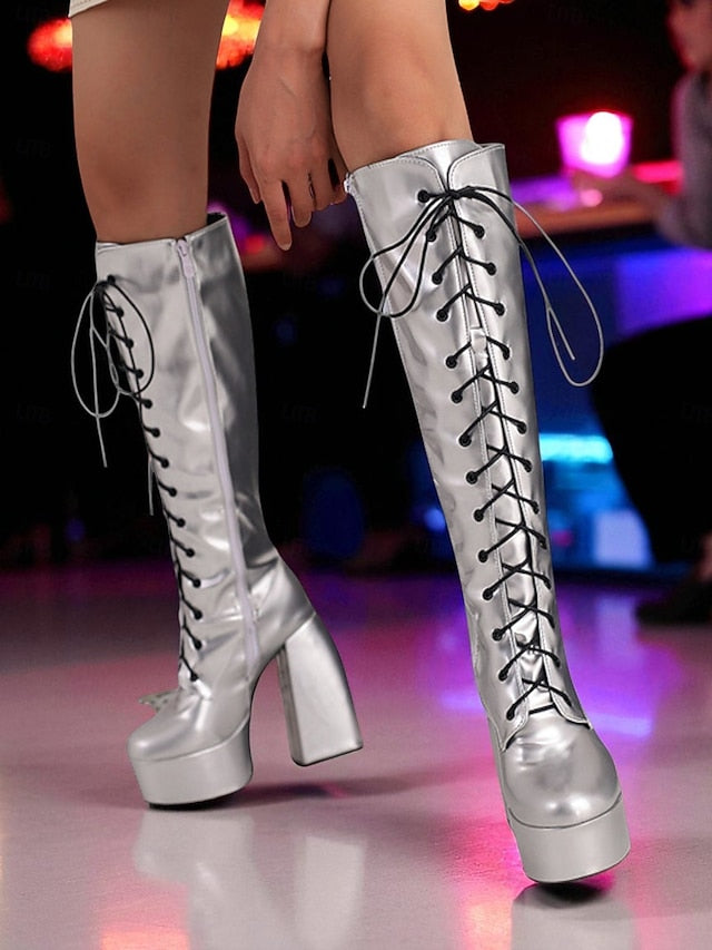 High Platform Silver Boots Metallic Knee Women's Lace-Up -