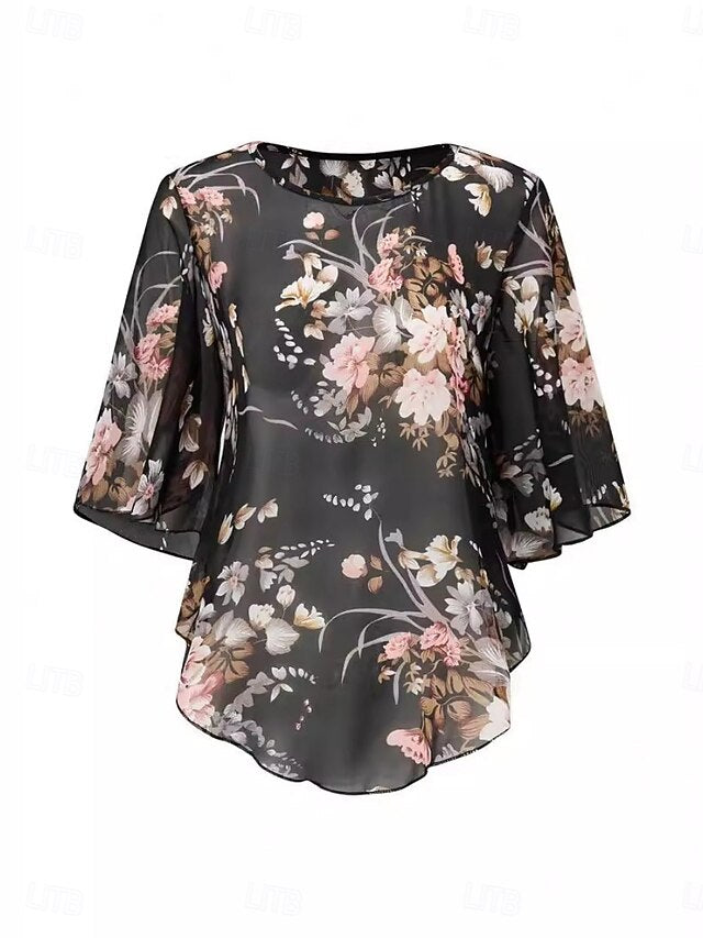 Women's Shirt Blouse Mesh Print Floral Stylish Casual 3/4