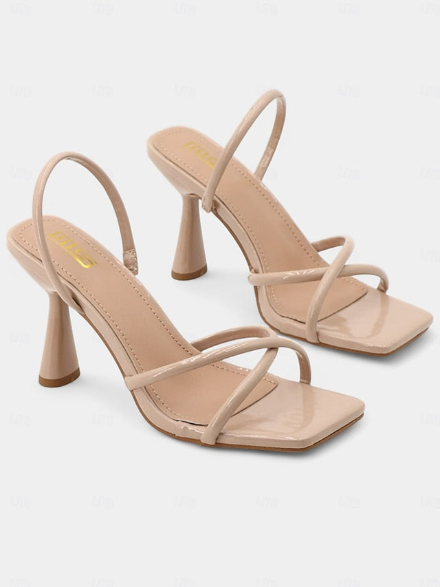 Beige Heeled Strappy Sandals Toe Design – with Square