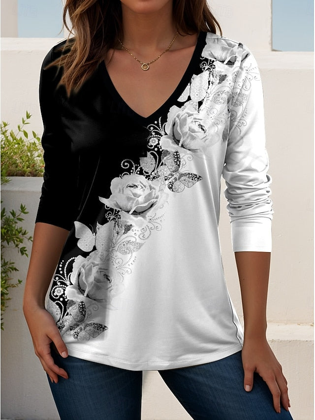 Women's T shirt Long Sleeve V Neck Long Sleeve Tunic Floral