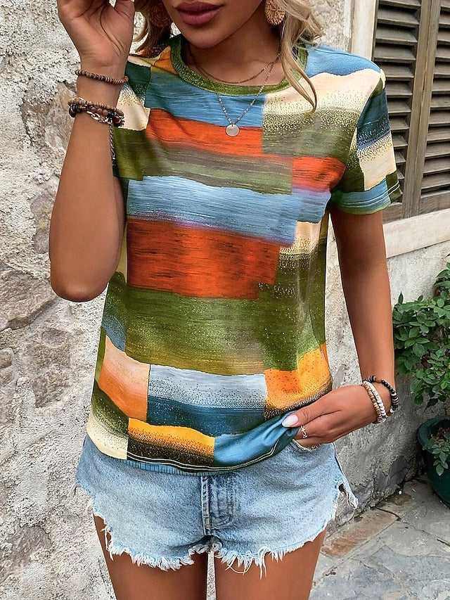Women's T Shirt Print Geometric Casual Short Sleeve Round
