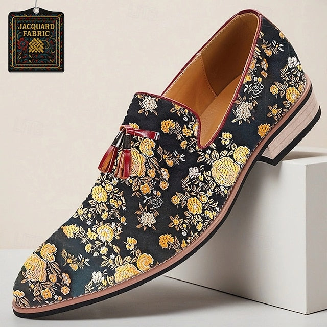 Men's with Tassels Jacquard Pattern Loafers Floral for