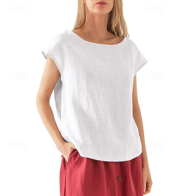 Women's Cotton Linen Shirt T Shirt Tee Top Solid Color