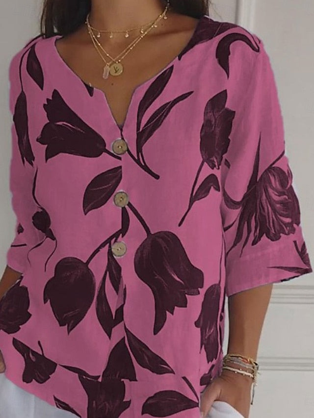 Women's Shirt Button Up Blouse Faux Cotton Linen Graphic