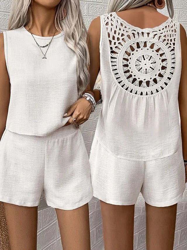 Women's Shorts Sets Sleeveless Round Neck Solid Color Hole