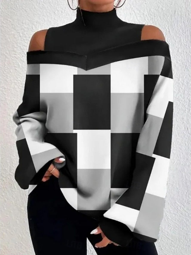 Women's Blouse Patchwork Print Geometric Plaid Stylish