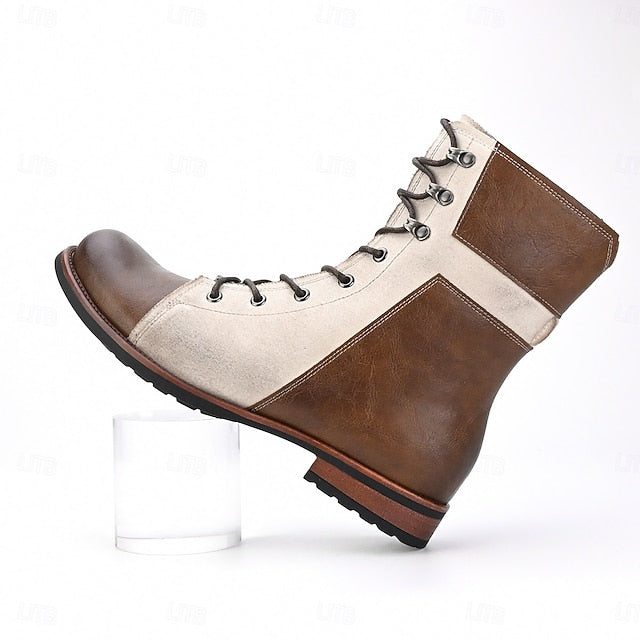 Mid-Calf Two-Tone Lace-Up Leather Faux Men's Vintage Boots