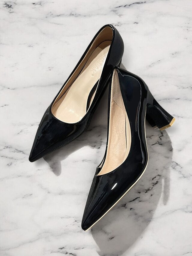 Pointed-Toe Heel Block Leather Patent Pumps Green Faux Glossy