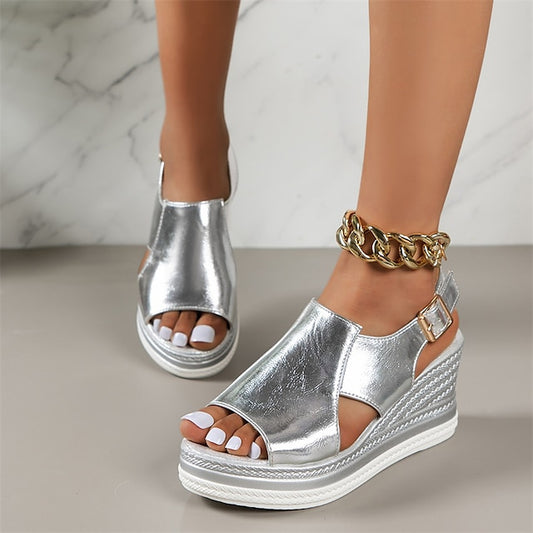 Buckle Open-Toe with Wedge Metallic Women's Sandals Silver
