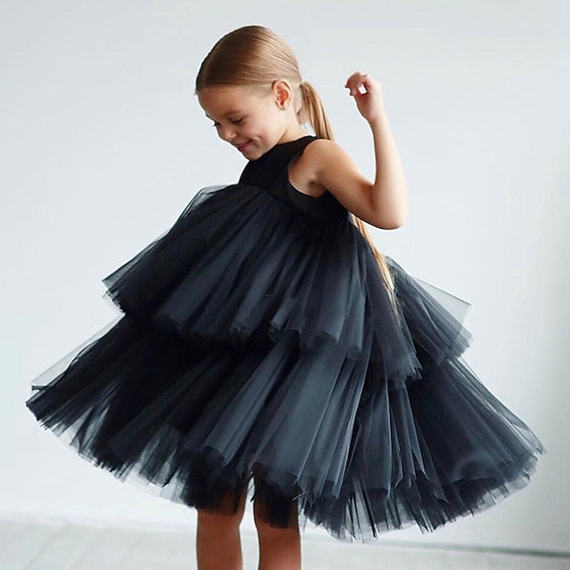 Sleeveless Wedding Party Color Solid Girls' Mesh Dress Kids