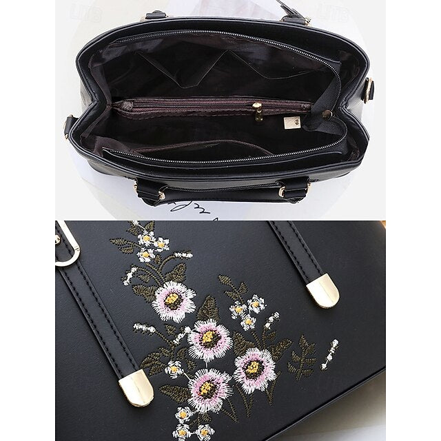 Embroidery Leather Faux Green Floral with Handbag Women's