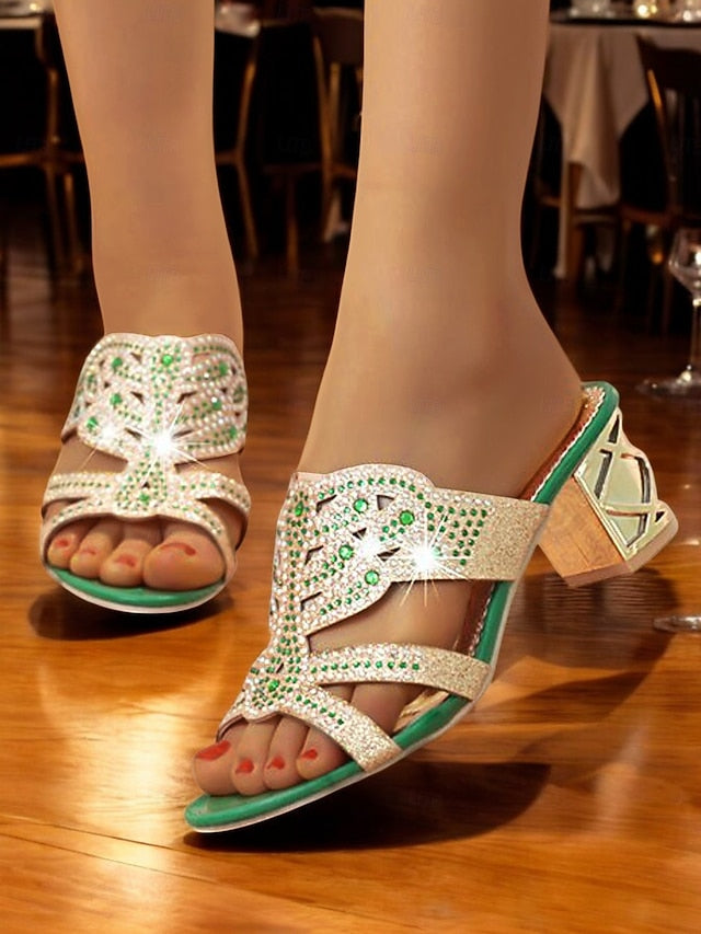 and Gold - Heeled Sandals Embellished Green Rhinestone