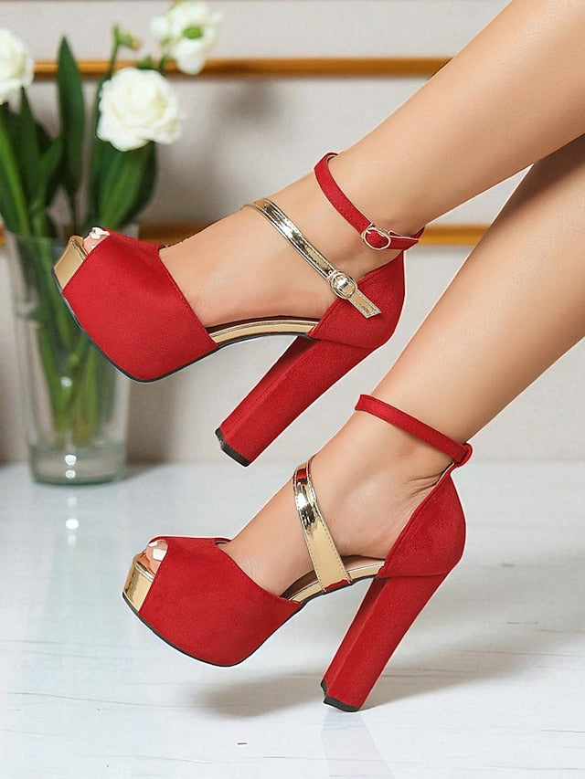 Platform Red Suede - Block Toe Heel Sandals Women's Peep