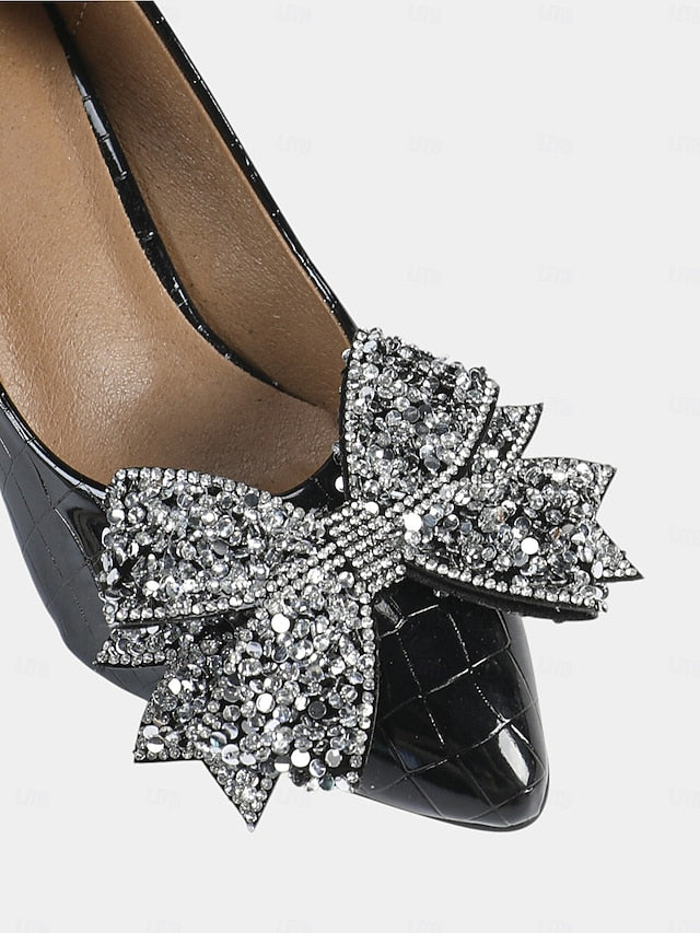 Patent Black with Bow Women's Heels Leather Wedge Glitter